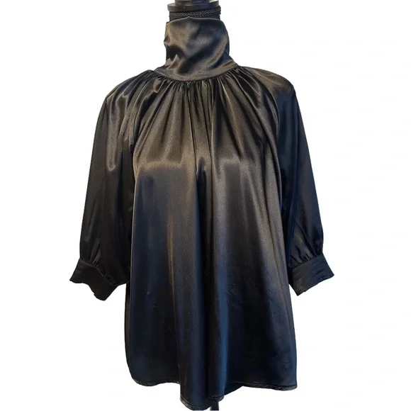 🖤Y2K Black Satin High-Neck Blouse | Adjustable Collar 🖤 - Picture 4 of 14